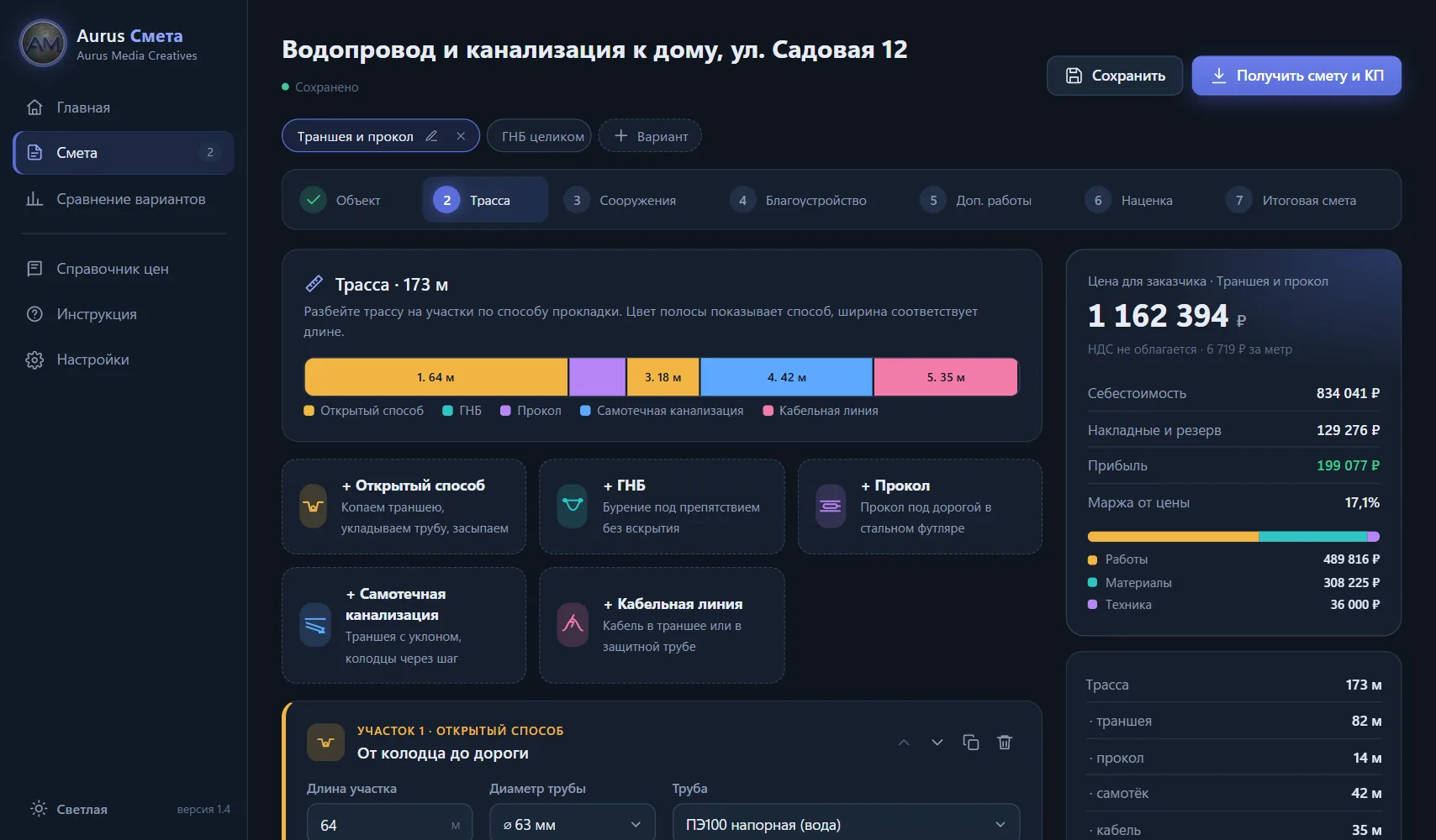 Трасса по участкам и цена для заказчика