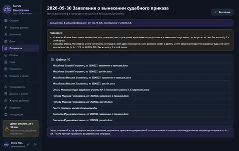 Aurus Взыскание: Пачка заявлений о приказе с описью и реестром отправки, проверка перед судом